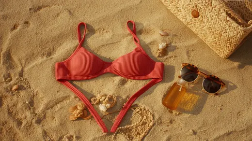 Beach still life of Chikini products in the sand